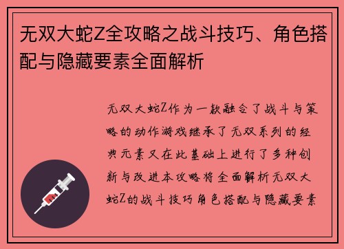 无双大蛇Z全攻略之战斗技巧、角色搭配与隐藏要素全面解析